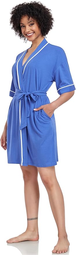 COLORFULLEAF Womens Bamboo Short Robes Lightweight Kimono Cotton Robe Soft Knit Bathrobe Ladies Loungewear with Pockets