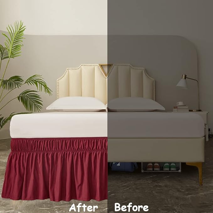 MEILA Wrap Around Bed Skirt Three Fabric Sides Elastic Dust Ruffled 14 Inch Tailored Drop,Easy to Install Fade Resistant-Burgundy, Queen/King