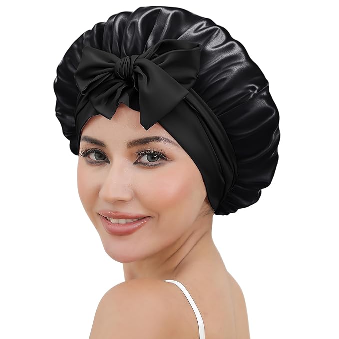 ZIMASILK 100% Mulberry Silk Bonnet for Sleeping Women Long Hair Double Layer Silk Hair Wrap with Tie Band Stay On Head (1Pc, Black)