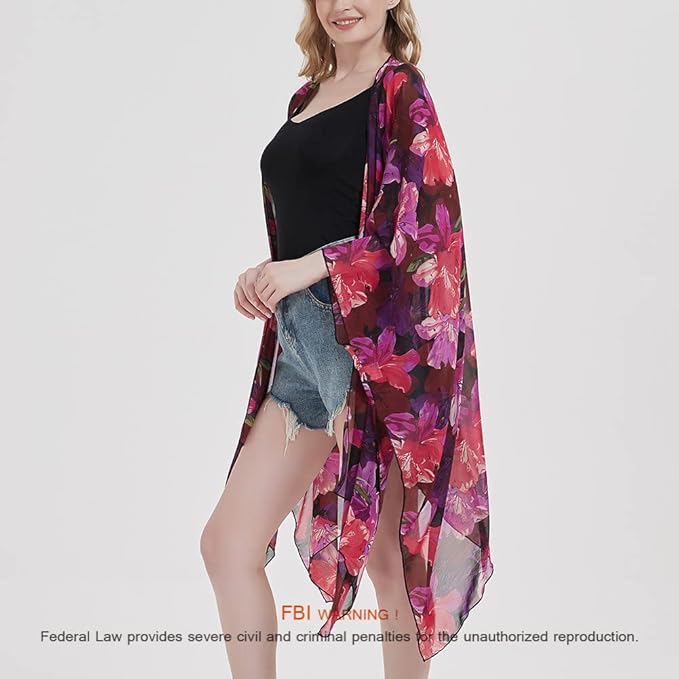 Women's Bohemian Floral Chiffon Beach Cover up Swimsuit Kimono Summer Swimwear Cardigans