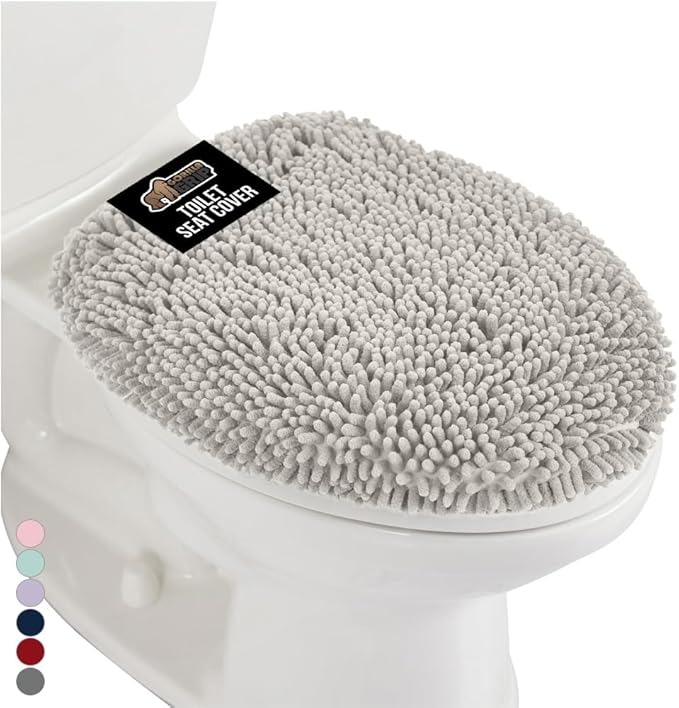 GORILLA GRIP Soft Chenille Bathroom Toilet Lid Cover, Machine Washable Seat Covers, 19.5x18.5, Stays in Place Rubber Backing, Fits Most Round, Elongated and Oblong Lids, Accessories Decor, Light Gray