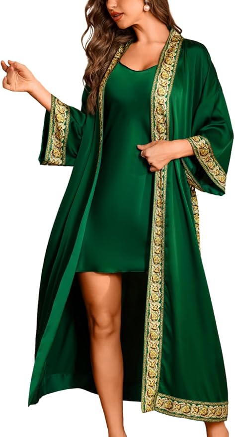 Satin Robe Sets For Women, 2-PC Lightweight Bathrobe, Silk Sleepwear Kimono Bridesmaid Sexy Robes
