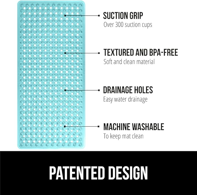 GORILLA GRIP Patented Bath Tub Shower Mat, Machine Washable Bathtub Floor Liner Mats, Suction Cups and Drain Holes to Keep Tubs Clean, Soft on Feet, Bathroom Essentials, 35x16 Inch, Clear Turquoise
