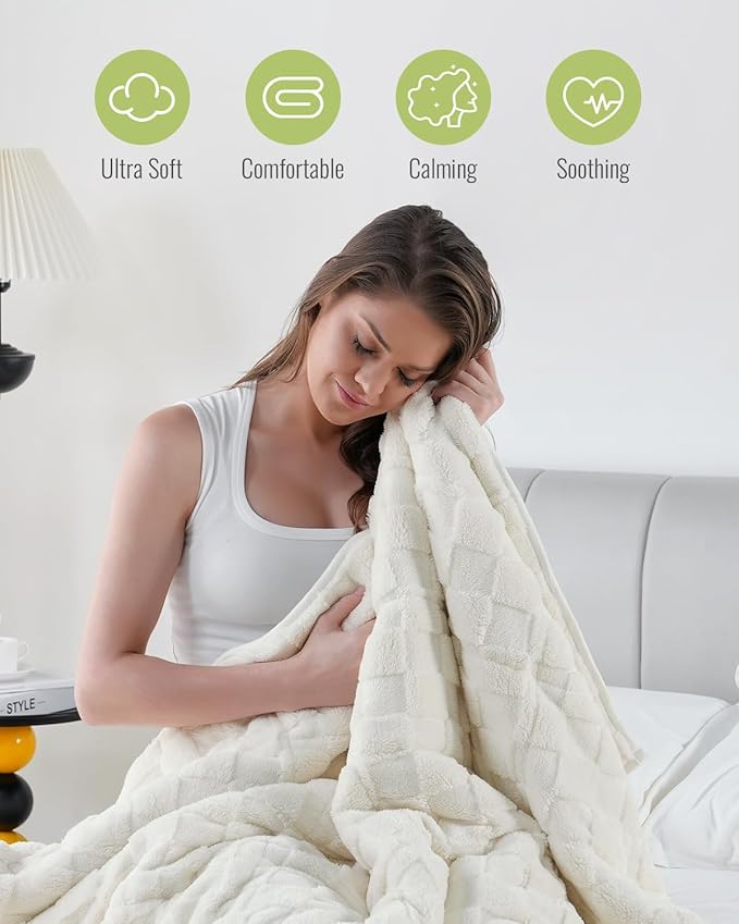 Uttermara Sherpa Fleece Weighted Blanket Queen Size(20lbs, 60" x 80", Cream White), 3D Jacquard Checkered Warm Sherpa Heavy Blanket for Adults, Soft Fuzzy Weighted Blankets for Couch Bed Sofa