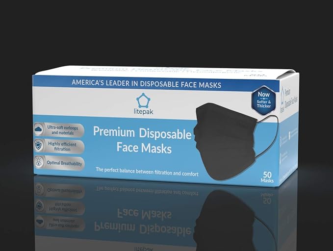 Litepak 2000pcs Disposable Face Masks Black 3-Ply Adult Mask Nose Wire Protection - Breathable Protective Face Covering