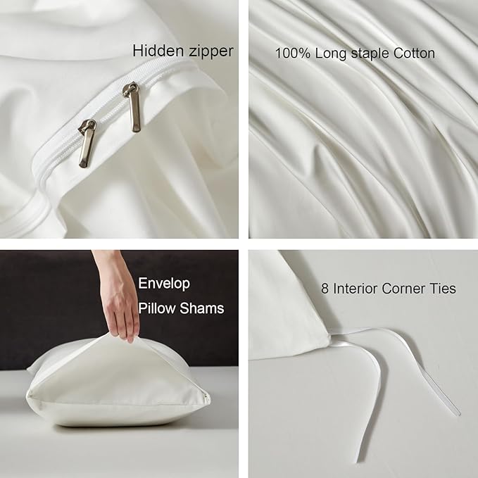 PURE ERA Duvet Cover Set 800 Thread Count Long Staple Cotton Sateen Silky Soft Luxurious Smooth 3 Piece Set Solid White King