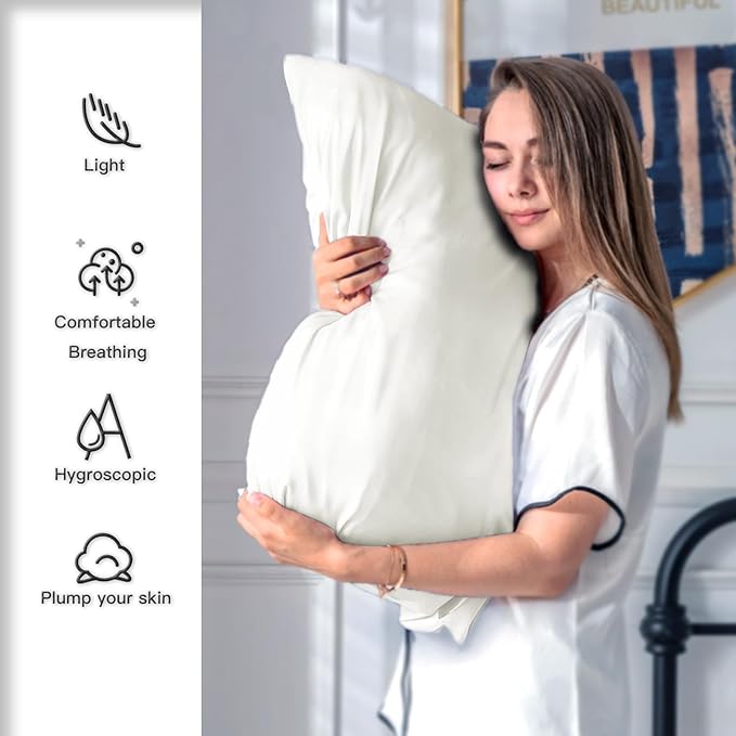 Silk Pillow Cases 2 Pack Soft Breathable and Sliky King Size Pillow Cases Set of 2,Natural Mulberry Satin Silk Pillowcase with Hidden Zipper for Hair and Skin (Ivory,20"X 36",2pcs)