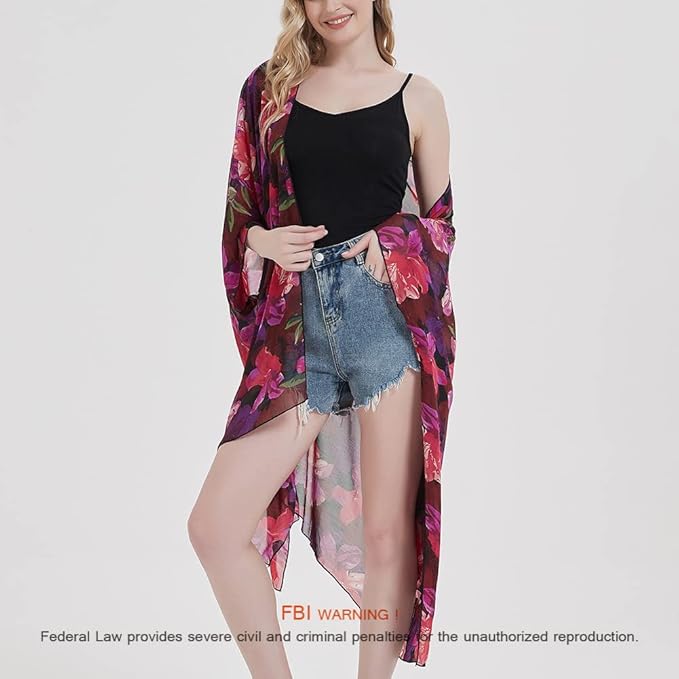 Women's Bohemian Floral Chiffon Beach Cover up Swimsuit Kimono Summer Swimwear Cardigans