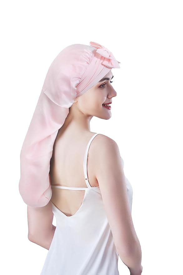 Cocheng Mulberry Silk Bonnet for Sleeping Long Silk Cap for Curly Hair Braids Bonnet for Women Sleep Cap with Tie Band