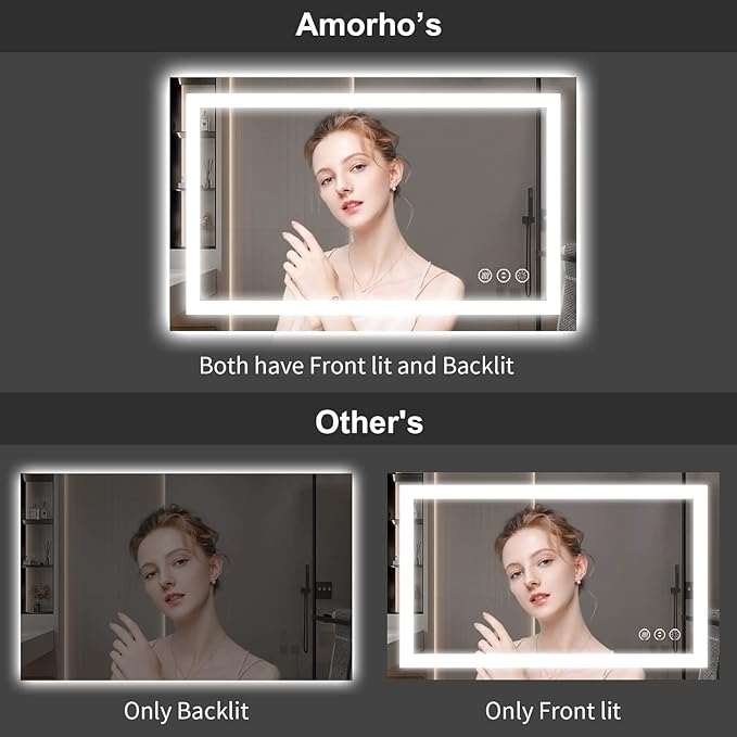 Amorho LED Bathroom Mirror 44" X36" with Front and Backlight, Stepless Dimmable Wall Mirrors with Anti-Fog, Shatter-Proof, Memory, 3 Colors, Double LED Vanity Mirror(Horizontal/Vertical)