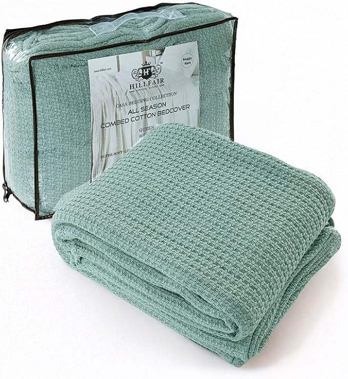 HILLFAIR 100% Soft Premium Combed Cotton Thermal Blanket– Twin XL Blankets – Soft Cozy Warm Bed Throw Twin Bed Blankets– All Season Cotton Blankets – Sage