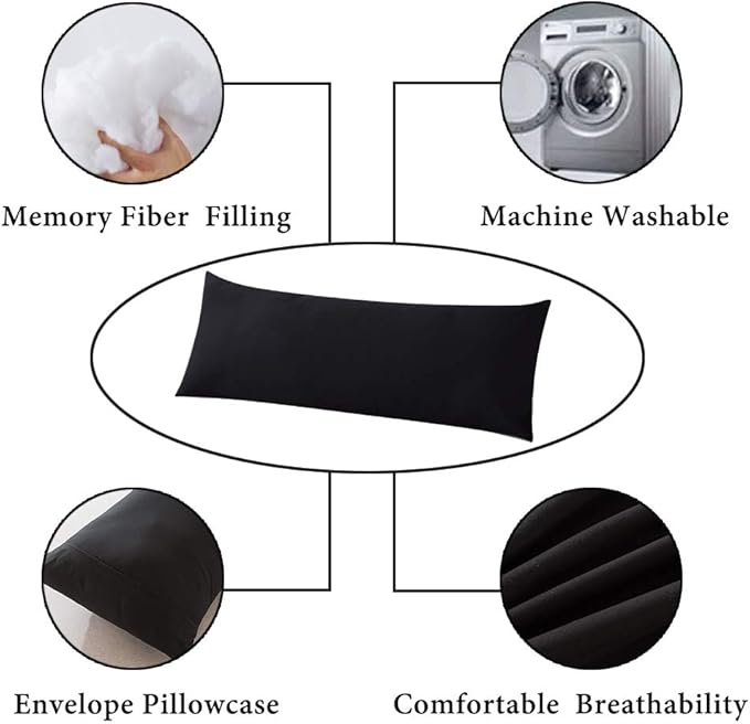 ELNIDO QUEEN Body Pillow with Pillowcase - Soft Long Bed Pillow for Adults - Breathable Full Body Pillow Insert for Sleeping, 20x54inches, Black