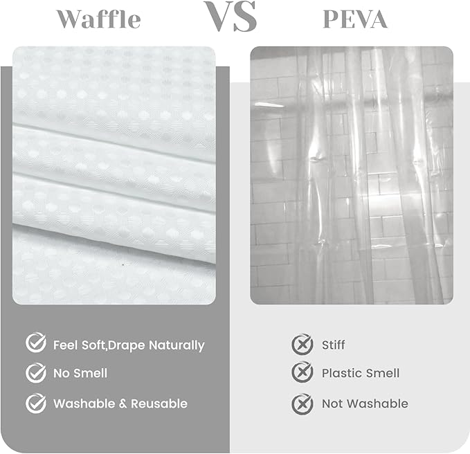 No Hook Shower Curtain with Snap in Liner Set Waffle Shower Curtain for Bathroom Hotel Style Fabric Waterproof Inner Liner，71" W x 74" H, White