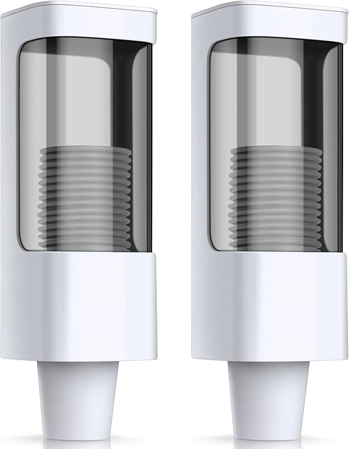 Chengu 2 Pieces Bathroom Cup Dispenser, Wall Mounted Pull Type Water Cup Holder Fits 3-5 oz Small Adhesive Dispenser with Paste Plate for Home, Bathroom, Office Hospital(White)