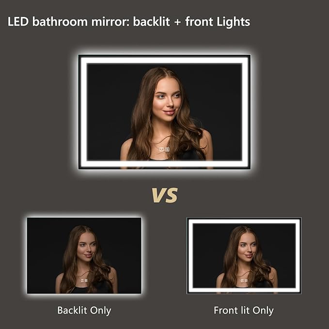 APRILSOUL 36x28 Inch LED Bathroom Mirror with Front and Backlit, Makeup Mirror with 3 Color Lights, Anti-Fog and Dimmable Light (Horizontal/Vertical)