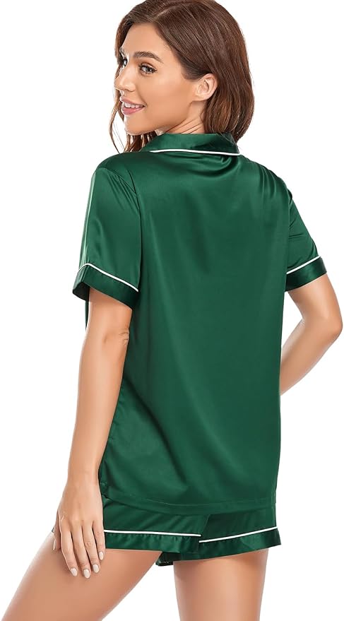 Women's Satin Pajama Set 2-Piece Sleepwear Loungewear Button Down Short Sleeve Silky PJ Set