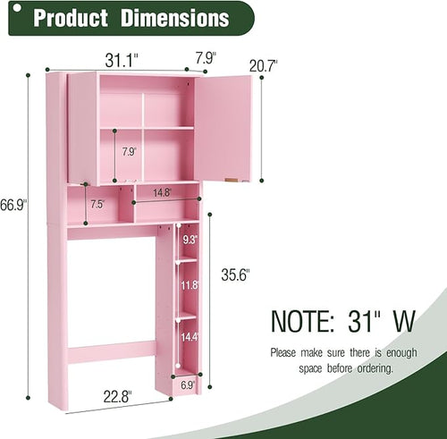 31" W Over The Toilet Storage Cabinet with Fluted Door, Pink Bathroom Organizer with Adjustable Shelf, Toilet Paper Holder Stand Wave Door for Restroom, Laundry Room