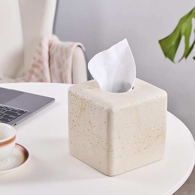 Natural Travertine Tissue Box Cover – Modern Resin Cube Holder for Bathroom, Bedroom, Office – Decorative Square Tissue Box for Countertop, Nightstand, Vanity & Desk – Heavy&Sturdy