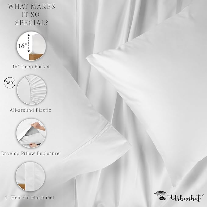 URBANHUT 700 Thread Count Egyptian Cotton Sheets King Size, 4Pc Sheet Set Soft Luxury Bed Sheets for King Size Bed, Sateen Weave Hotel Sheets, 16'' Elasticized Deep Pocket - White