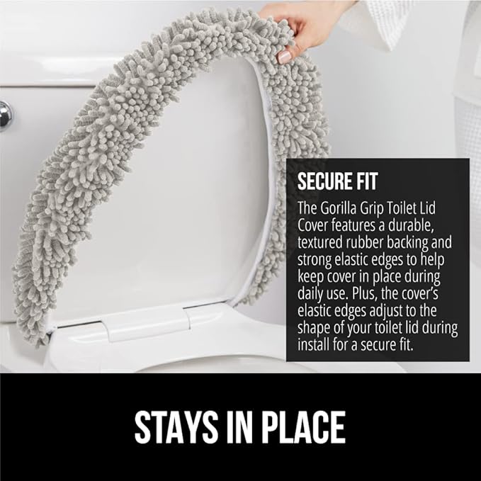 GORILLA GRIP Soft Chenille Bathroom Toilet Lid Cover, Machine Washable Seat Covers, 19.5x18.5, Stays in Place Rubber Backing, Fits Most Round, Elongated and Oblong Lids, Accessories Decor, Light Gray
