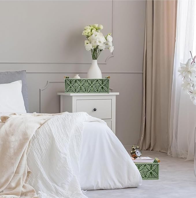 HOSROOME Macrame Boho Decor Baskets for Organizing Woven Decorative Basket for Countertop Toilet Paper Basket for Tank Top for Home Decor Bedroom Nursery Livingroom Entryway (Set of 2,Green)