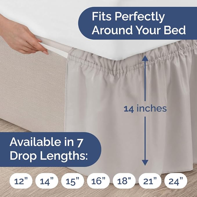 Wrap Around Dust Ruffle Bed Skirt - Light Grey - for King Size Beds w/ 14 Inch Drop - Easy Fit Elastic Strap - Adjustable Pleated Bedskirt with Brushed Fabric, Wrinkle Free Women, Men, Kids and Teens