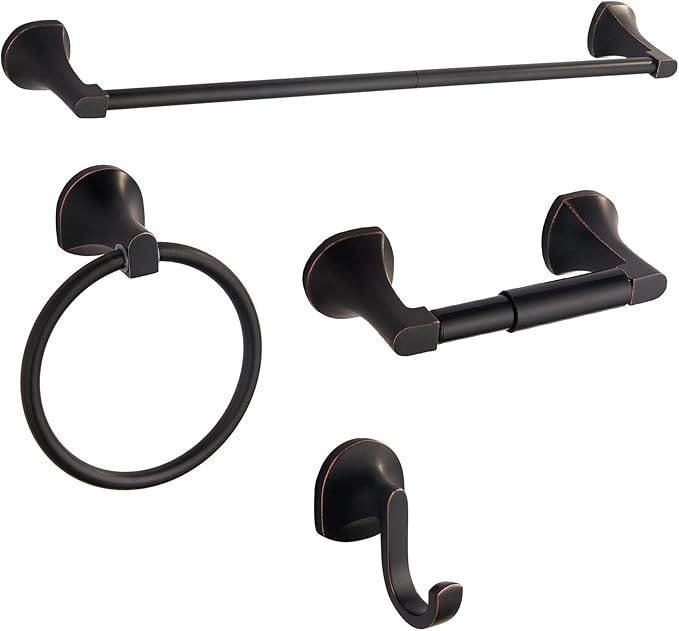 BGL 4 Piece ORB Bathroom Hardware Set - Wall Mounted Bathroom Accessories Set with Towel Bar, Towel Ring, Toilet Paper Holder, Robe Hook - Rustproof Bathroom Towel Bar Set
