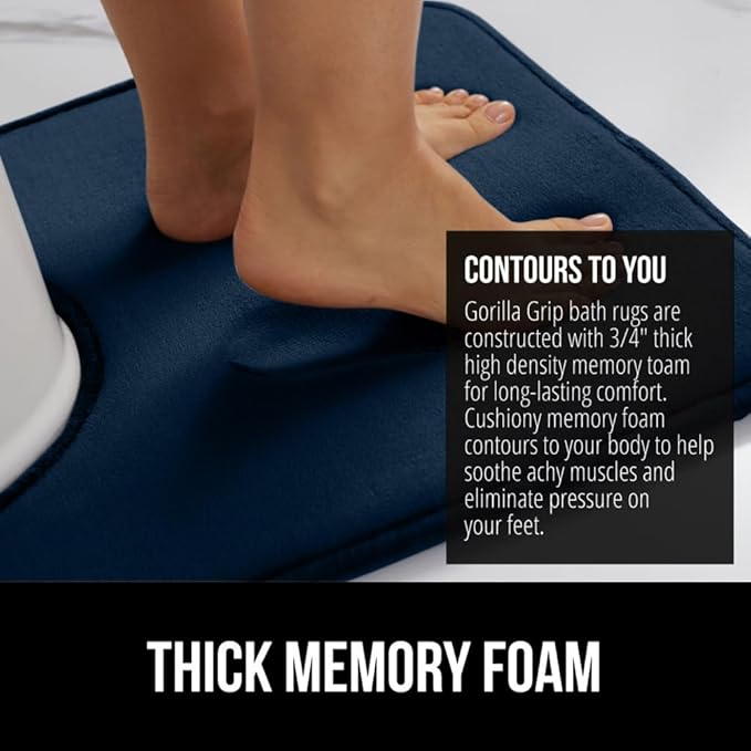 GORILLA GRIP Thick Memory Foam Toilet Rug for Bathroom, U Shaped Washable, Soft Absorbent Velvet Topside Floor Mats, Machine Wash, Cushioned Luxury Rugs for Bath Room, 22.5x19.5 Navy Blue