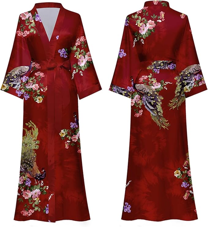 Silk Satin Robe for Women Long Japanese Kimono Robe Lightweight Soft Bathrobe Floral Luxury Dressing Gown