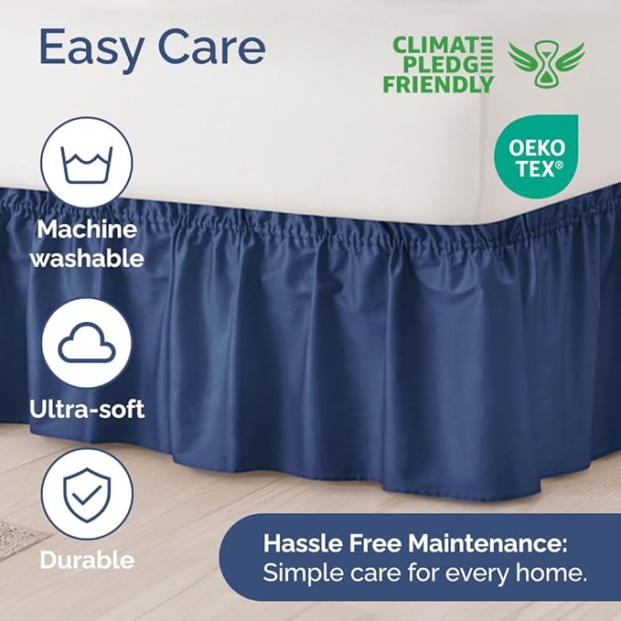 Wrap Around Dust Ruffle Bed Skirt - Navy Blue - for King Size Beds w/ 16 Inch Drop - Easy Fit Elastic Strap - Adjustable Pleated Bedskirt with Brushed Fabric, Wrinkle Free Women, Men, Kids and Teens