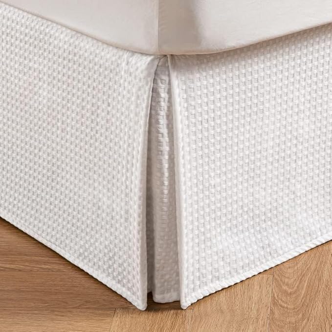 MIYE Pleated Waffle Weave Bed Skirt, Tailored Dust Ruffle 16 Inch Drop Easy Fit, Machine Washable (White, TwinXL - 16" Drop)
