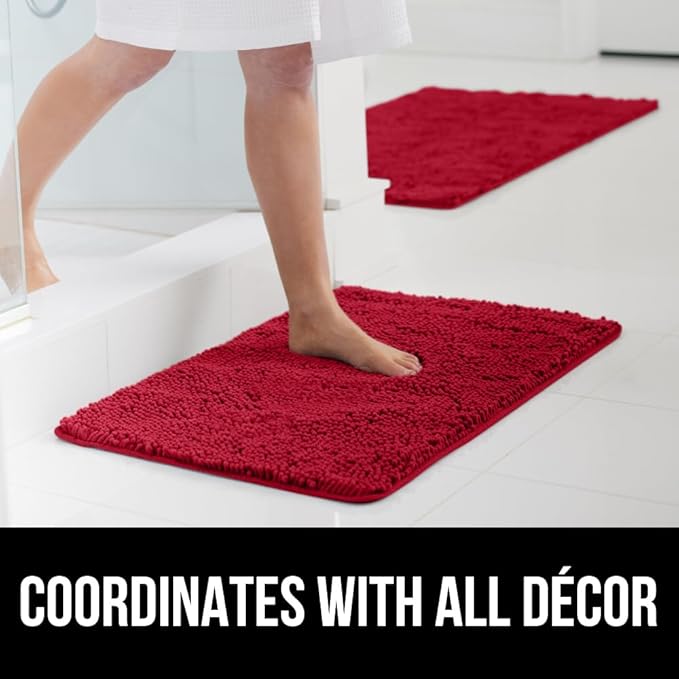 GORILLA GRIP Bath Rug Mat 30x20, Thick Soft Absorbent Chenille, Quick Dry Microfiber Mats, Rubber Backing Washable Shower Floor Rugs, Bathmat Runner, US Designed Bathroom Home Decor Accessories Red