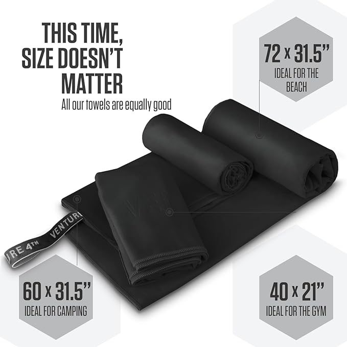 VENTURE 4TH - 4pcs Quick Dry Towels. Microfiber Travel Towels. Lightweight & Fast Drying Travel Towels for Body. Compact & Easy to Pack - 4 Pack Black Medium