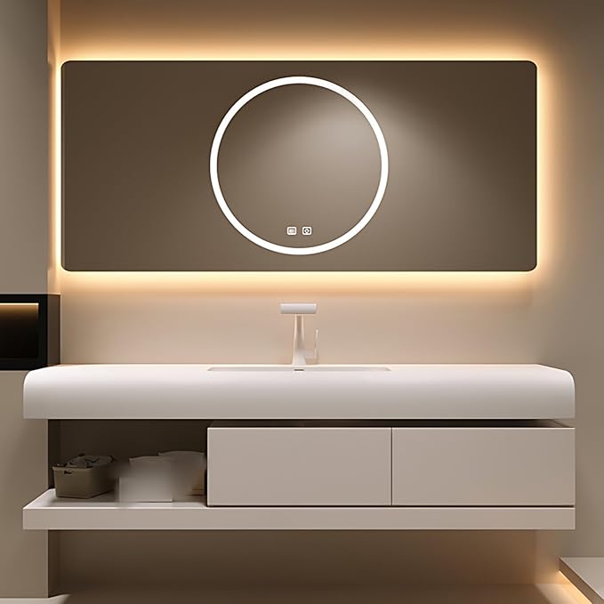 64IN Bathroom Vanity with Sink - Bathroom Cabinet Set has 2 Drawers & Overflow Hole Wall Mounted | LED Practical Defogging Mirror, Open Compartments, Seamless Rock Slab Basin (Cream White)