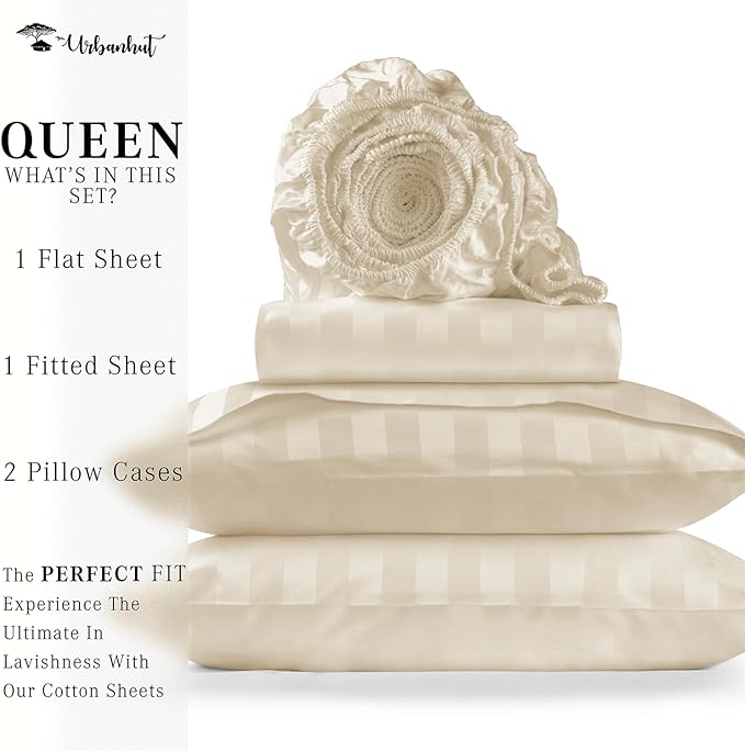 URBANHUT 1000 Thread Count Egyptian Cotton Damask Striped Queen Sheets, Long Staple Soft & Breathable, 4 Pc Bed Sheet Sets, Luxury Hotel Sateen Sheets Fits 16" Deep Pocket - Ivory