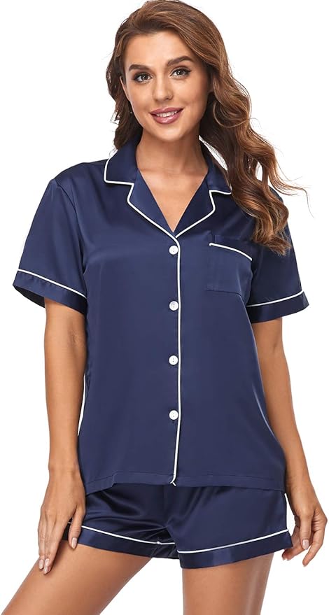 Women's Satin Pajama Set 2-Piece Sleepwear Loungewear Button Down Short Sleeve Silky PJ Set