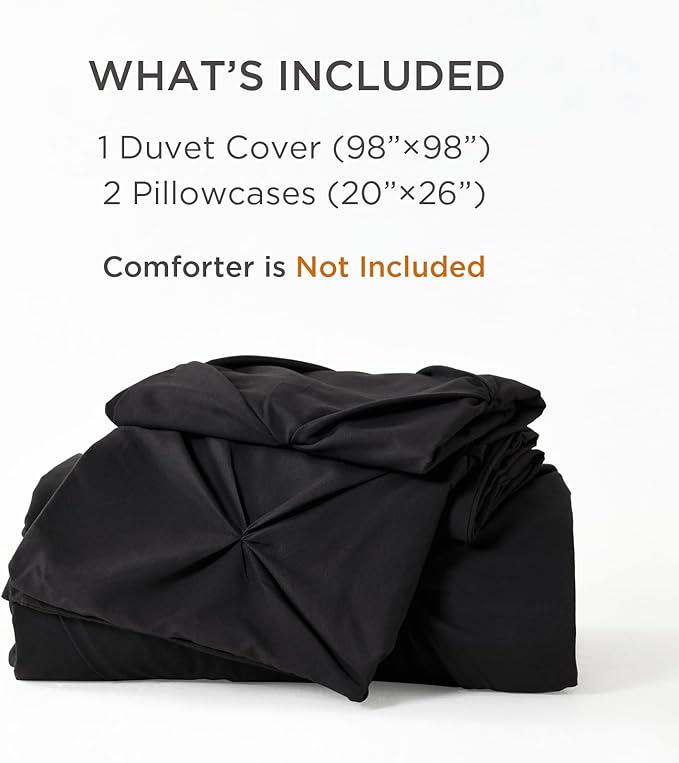 Litanika Black Oversized Queen Pinch Pleat Duvet Cover, 3 Pieces Pintuck Cover Soft Microfiber Bedding Set with Zipper Closure & Corner Ties(1 Duvet Cover, 2 Pillowcases)