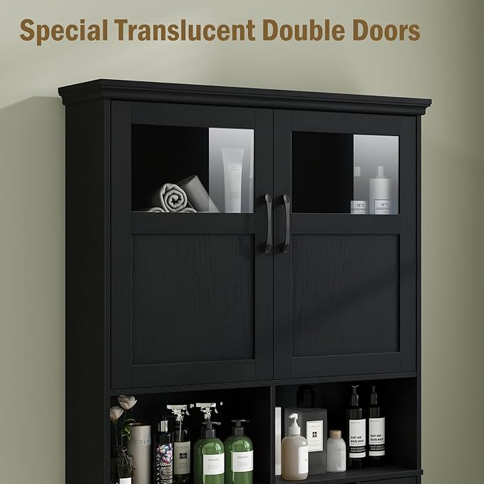 Vabches Over The Toilet Storage Cabinet, Storage Cabinet Over Toilet with Double Doors & Toilet Paper Holder Stand, Freestanding Toilet Shelf Space Saver with Anti-Tip Design & Adjustable Shelf, Black