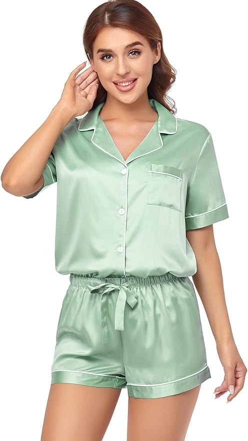 Women's Satin Pajama Set 2-Piece Sleepwear Loungewear Button Down Short Sleeve Silky PJ Set