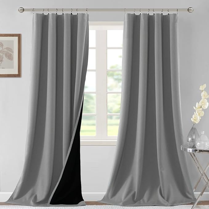 H.VERSAILTEX 100% Blackout Curtains for Bedroom Thermal Insulated Blackout Curtains 96 Inches Long Rod Pocket Window Drapes for Living Room with Black Liner 2 Panels Set, Dove Gray