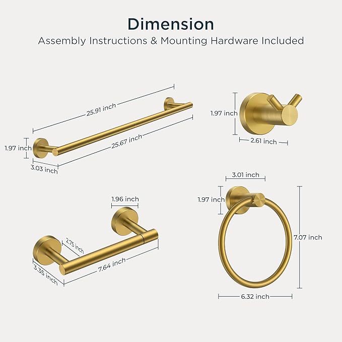 FORIOUS Bathroom Hardware Accessories Set, SUS304 Stainless Steel 24 Inch Towel Bar Set, Modern Towel Racks Holder for Bathroom Wall Mounted, 4 Pieces, Brushed Gold