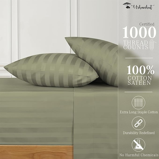 URBANHUT 1000 Thread Count Damask Striped King Size Egyptian Cotton Sheets, Long Staple Soft & Breathable, 4 Pc Bed Sheet Sets, Luxury Hotel Sateen Sheets Fits 16" Deep Pocket - Sage