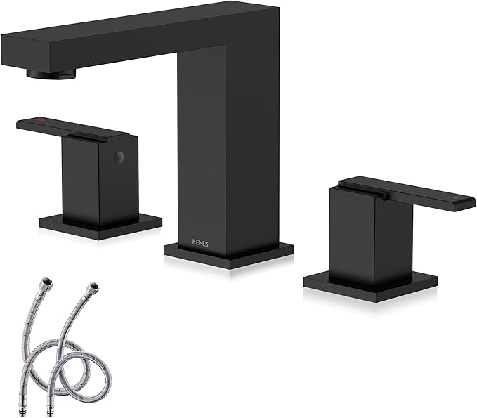KENES Matte Black Widespread Bathroom Faucet Two Handle Bathroom Sink Faucets Black 3 Hole, 8-Inch 3 Pieces Bathroom Vanity Faucet Lavatory Faucet with Supply Lines, KE-9050-2