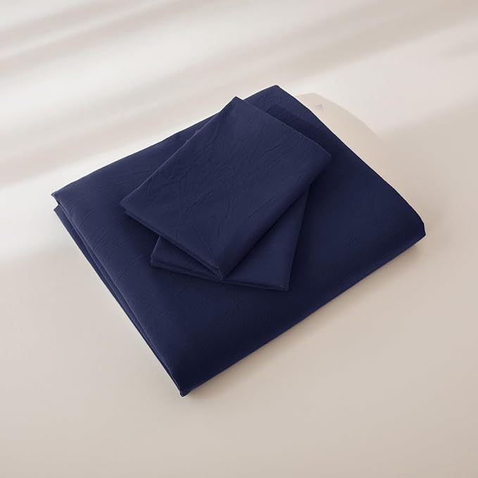 JIYUAN 100% Washed Cotton Duvet Cover Set 3 Pieces Full, 1 Duvet Cover 80x90 Inches(Comforter Not Included) and 2 Pillowcases,Linen Feel Bedding Set Comfy and Breathable,Navy Blue