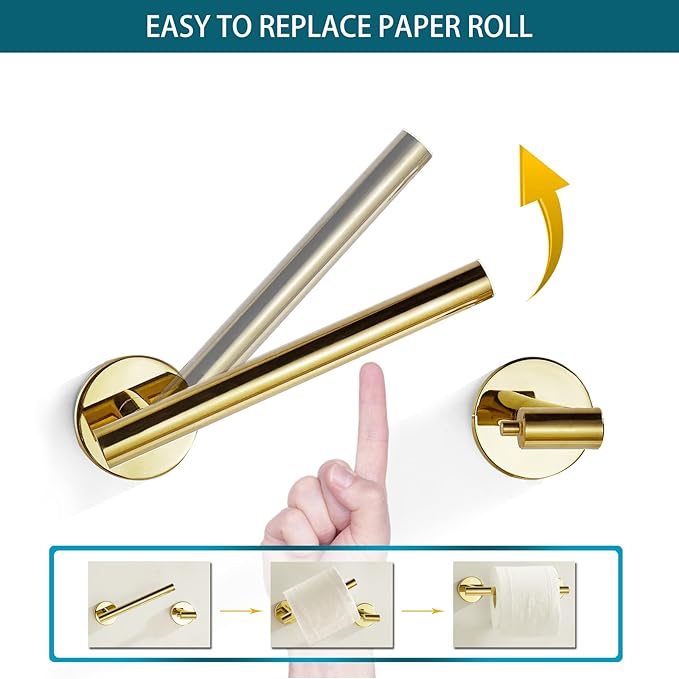 Gold Toilet Paper Holder - Metal Bathroom Flexible Pivoting Tissue Handle on Wall Mounted, SUS 304 Stainless Steel Adjustable TP Large Mega Roll Holder Classic Matte