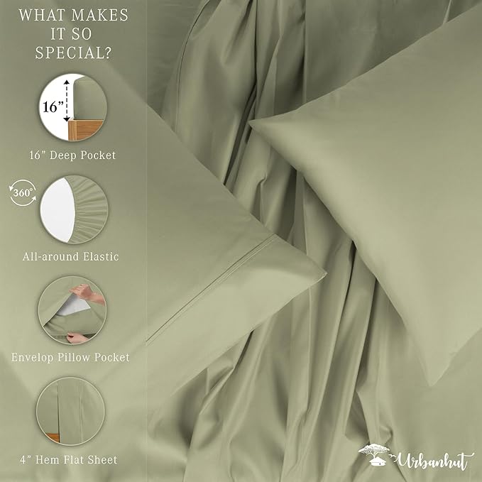 URBANHUT 1000 Thread Count King Size Egyptian Cotton Sheets, Long Staple Soft & Breathable, 4 Pc Bed Sheet Sets for King Size Bed, Luxury Hotel Sateen Sheets Fits 16" Deep Pocket - Sage