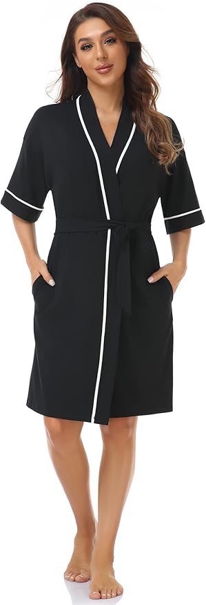 COLORFULLEAF Womens Bamboo Short Robes Lightweight Kimono Cotton Robe Soft Knit Bathrobe Ladies Loungewear with Pockets