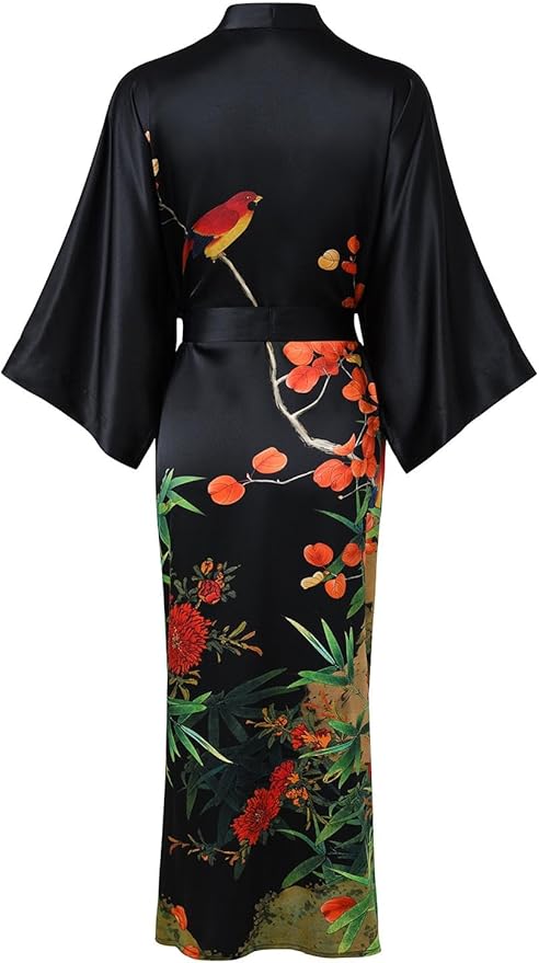 Women's Silk Kimono Robe Long Bathrobe Nightgown 100% Mulberry Silk for Women - Classic Floral Pattern