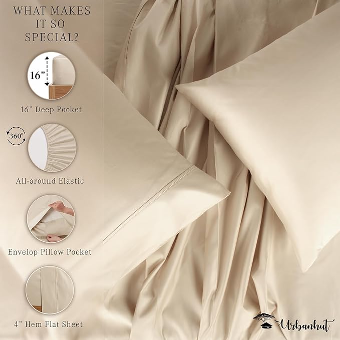 URBANHUT 700 Thread Count Egyptian Cotton Sheets Queen Size, 4Pc Sheet Set Soft Luxury Bed Sheets for Queen Size Bed, Sateen Weave Hotel Sheets, 16'' Elasticized Deep Pocket - Sand