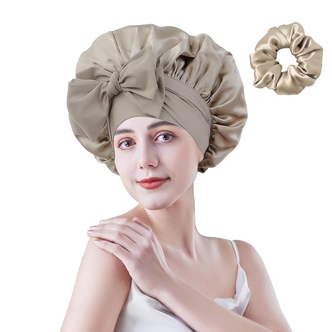 Cocheng Mulberry Silk Bonnet for Sleeping Long Silk Bonnet for Curly Hair Braids Cap for Women Silk Cap with Tie Band